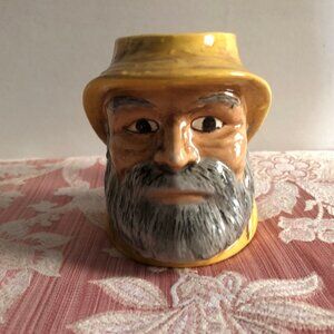 vintage ceramic mug man face head hat fish handle signed 4.5" tall